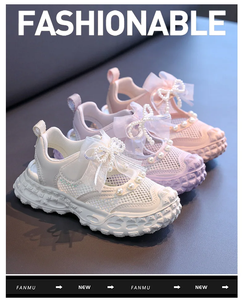 Sweet Pearl Bowknot Decoration Sneakers Girl 2026 Autumn Breathable Mesh Hollow Out Sports Shoes Soft Thick Bottom Running Shoes