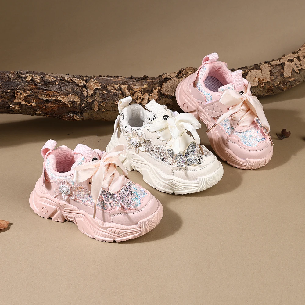 Children Shoes 2025 New Spring Toddler Girls Sport Shoes Bling Soft Sole Breathable Outdoor Tennis Fashion Kids Sneakers