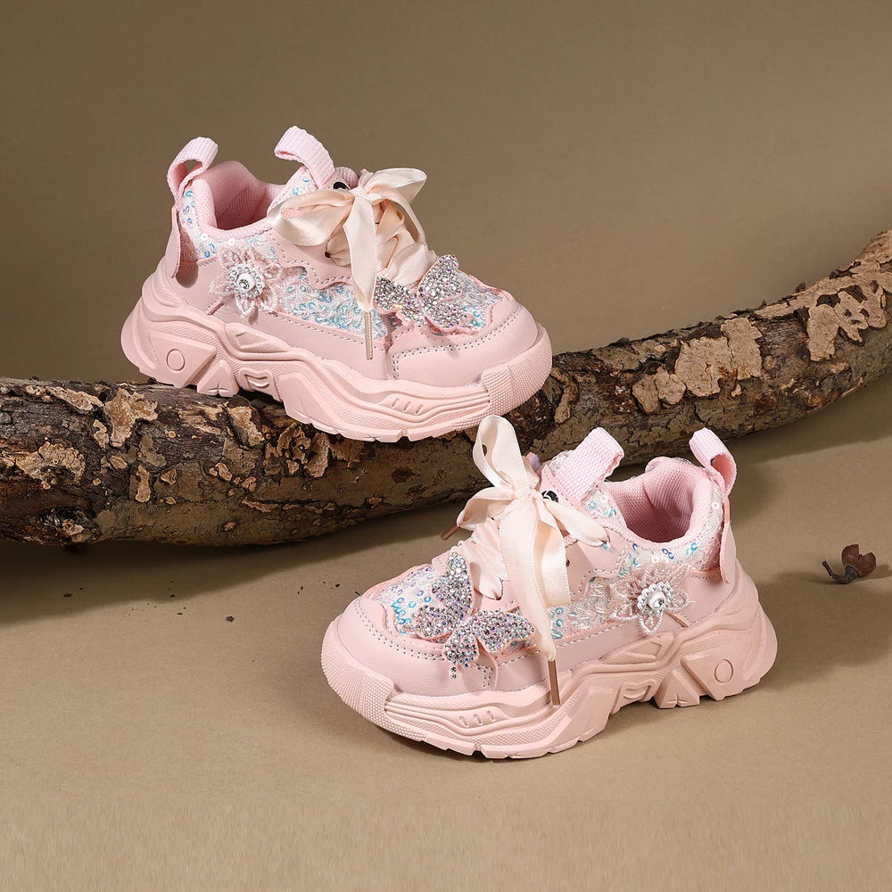 Children Shoes 2025 New Spring Toddler Girls Sport Shoes Bling Soft Sole Breathable Outdoor Tennis Fashion Kids Sneakers