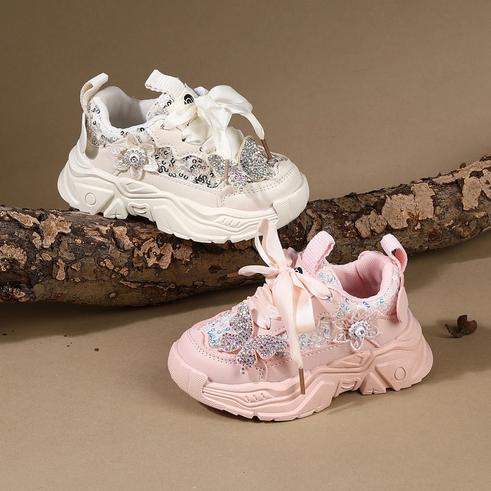 Children Shoes 2025 New Spring Toddler Girls Sport Shoes Bling Soft Sole Breathable Outdoor Tennis Fashion Kids Sneakers