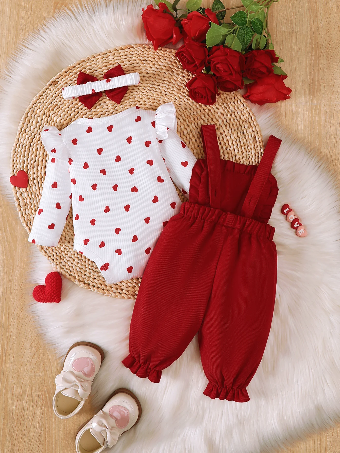 0-18 Months Baby Girl Clothing Outfit 3Pcs Bodysuit Heart Print Long Sleeve Jumpsuit Headband Newborn Baby Autumn Clothes Set