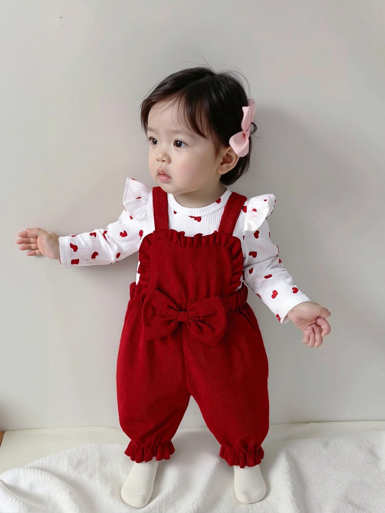 0-18 Months Baby Girl Clothing Outfit 3Pcs Bodysuit Heart Print Long Sleeve Jumpsuit Headband Newborn Baby Autumn Clothes Set
