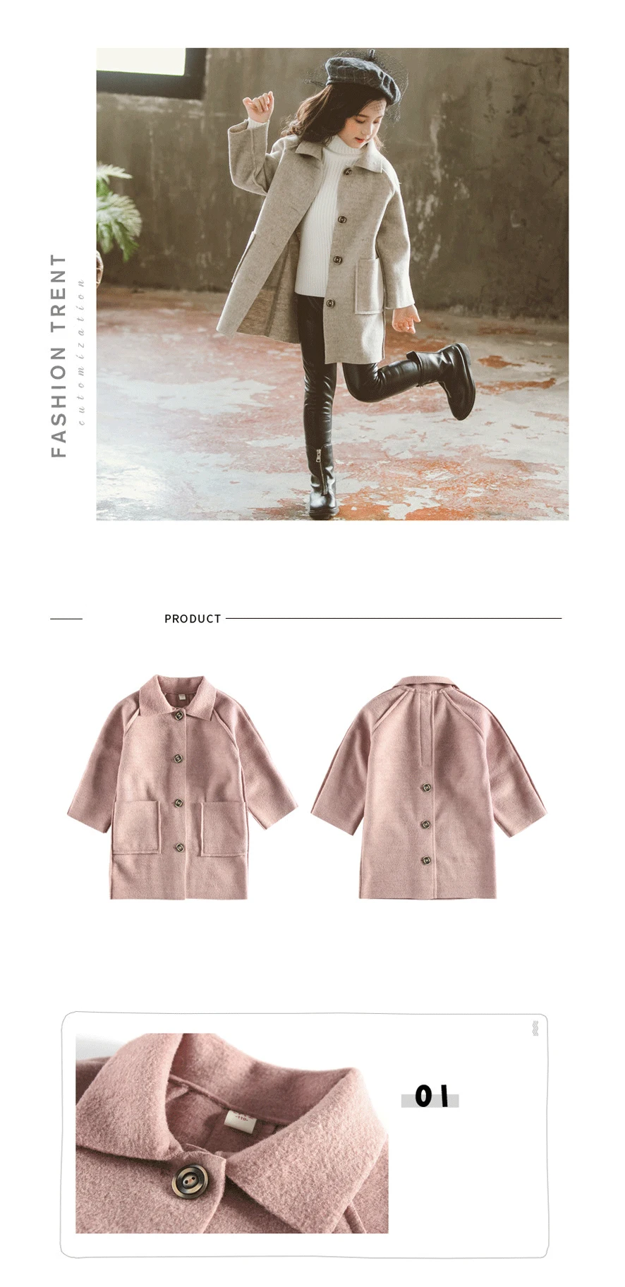 Kids Winter Wool Blend Coats Vintage Fashion Teen Girls Beige Long Jackets Warm Outerwear Thick Jacket Child 7 8 10 12 Years Old