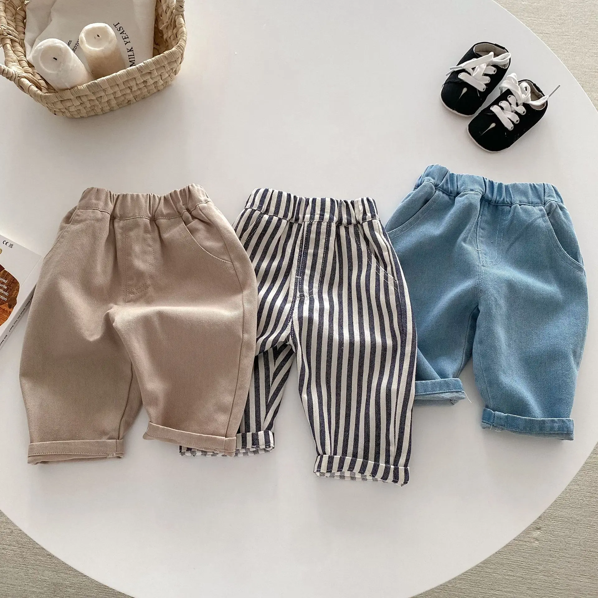0-5Y Spring Autumn Kid's Pants Korean Style Kids Jeans Solid and Stripe Boys Girls Denim Pants Children Trousers