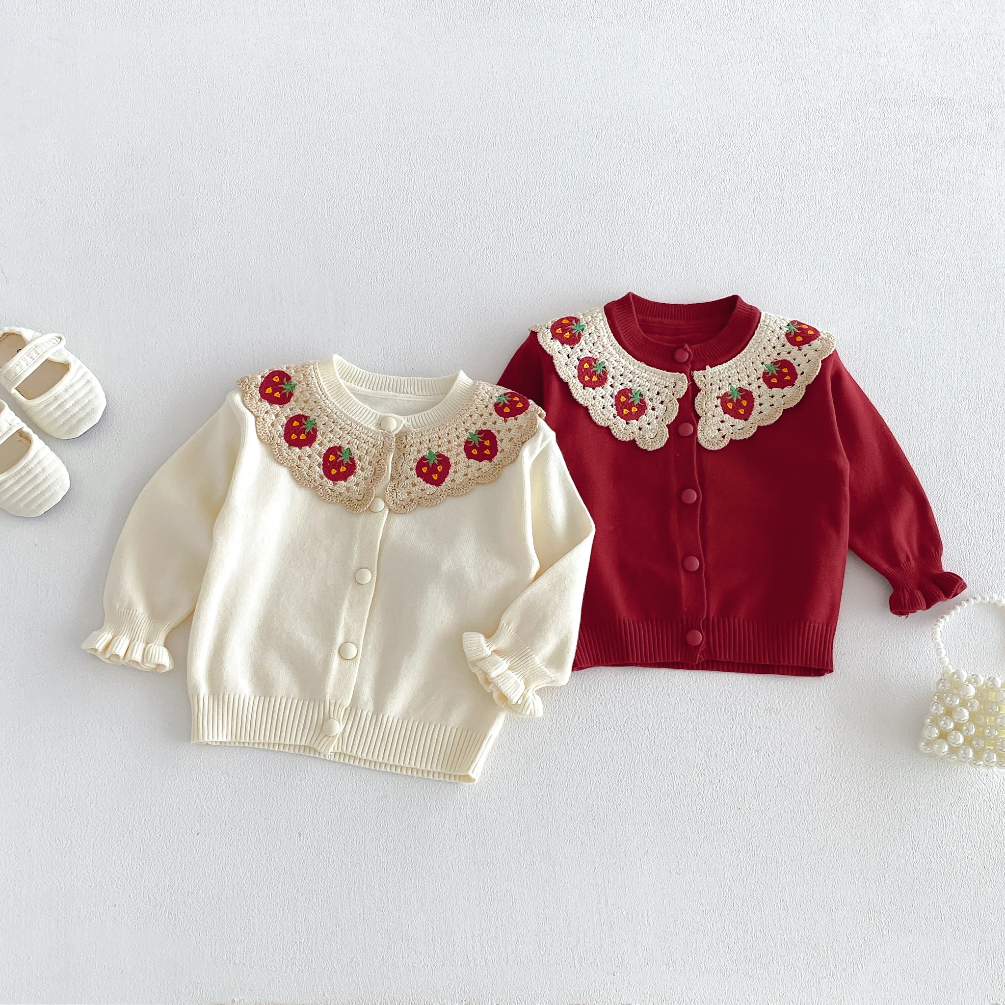 Infant and Toddler 2026 Fall/Winter New Strawberry Doll-Neck Knit Cardigan for Girls, Sweet and Cute Outfit