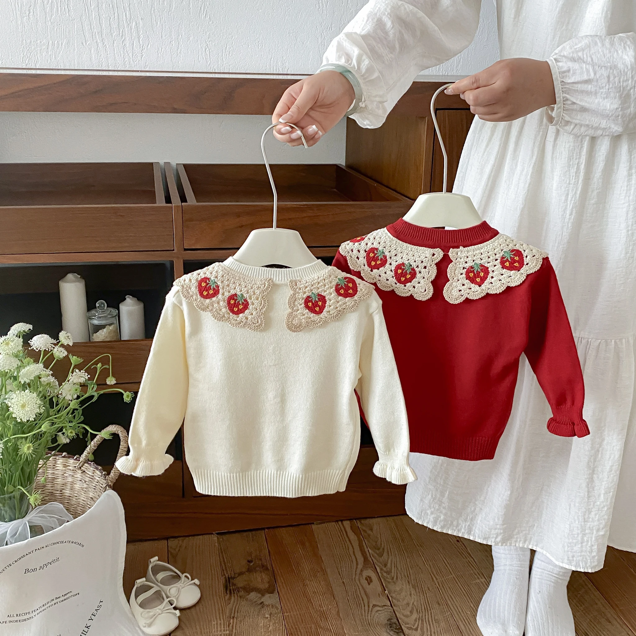 Infant and Toddler 2026 Fall/Winter New Strawberry Doll-Neck Knit Cardigan for Girls, Sweet and Cute Outfit