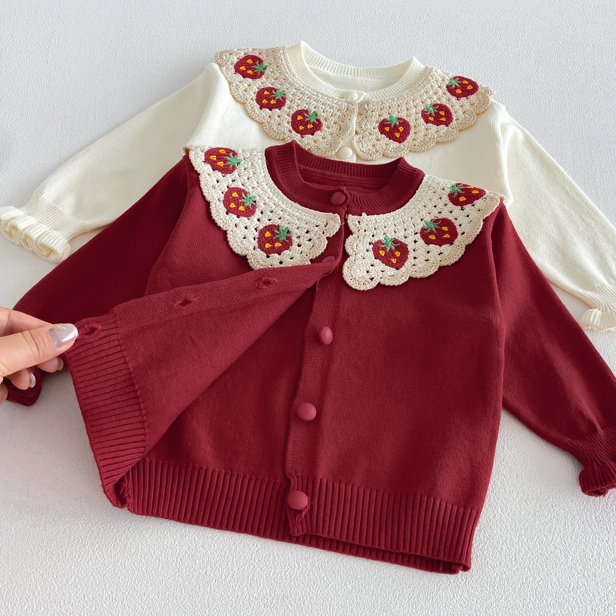 Infant and Toddler 2026 Fall/Winter New Strawberry Doll-Neck Knit Cardigan for Girls, Sweet and Cute Outfit