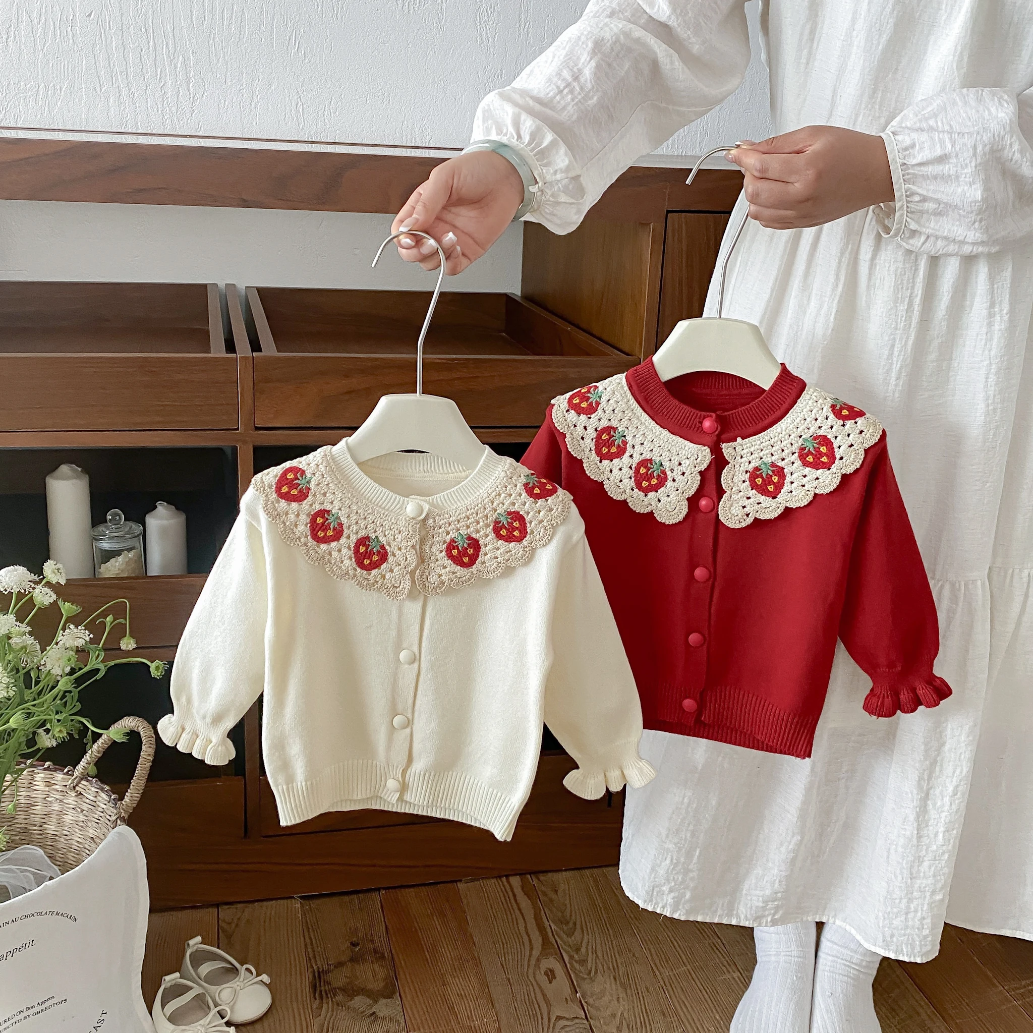 Infant and Toddler 2026 Fall/Winter New Strawberry Doll-Neck Knit Cardigan for Girls, Sweet and Cute Outfit