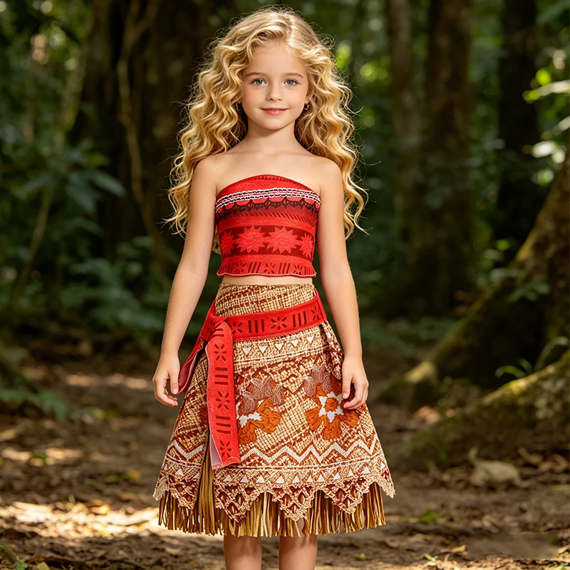 Adult Kids Moana Vaiana 2Pcs Cosplay Dress Polynesian Princess Costume with Wig Necklace Halloween Birthday Party Costume