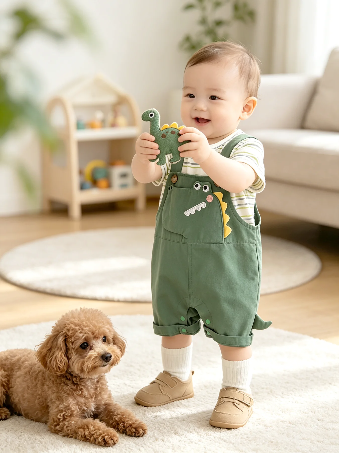 TtkaaBaby Boys' 3D Dinosaur Embroidered Short-Sleeve Overalls Two-Piece Set—Boys' Cartoon Korean Style—Baby Birthday Gift