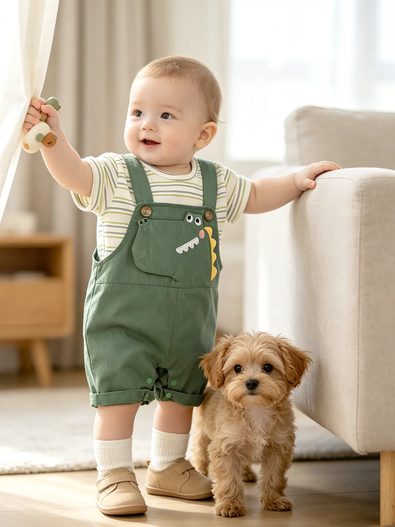 TtkaaBaby Boys' 3D Dinosaur Embroidered Short-Sleeve Overalls Two-Piece Set—Boys' Cartoon Korean Style—Baby Birthday Gift