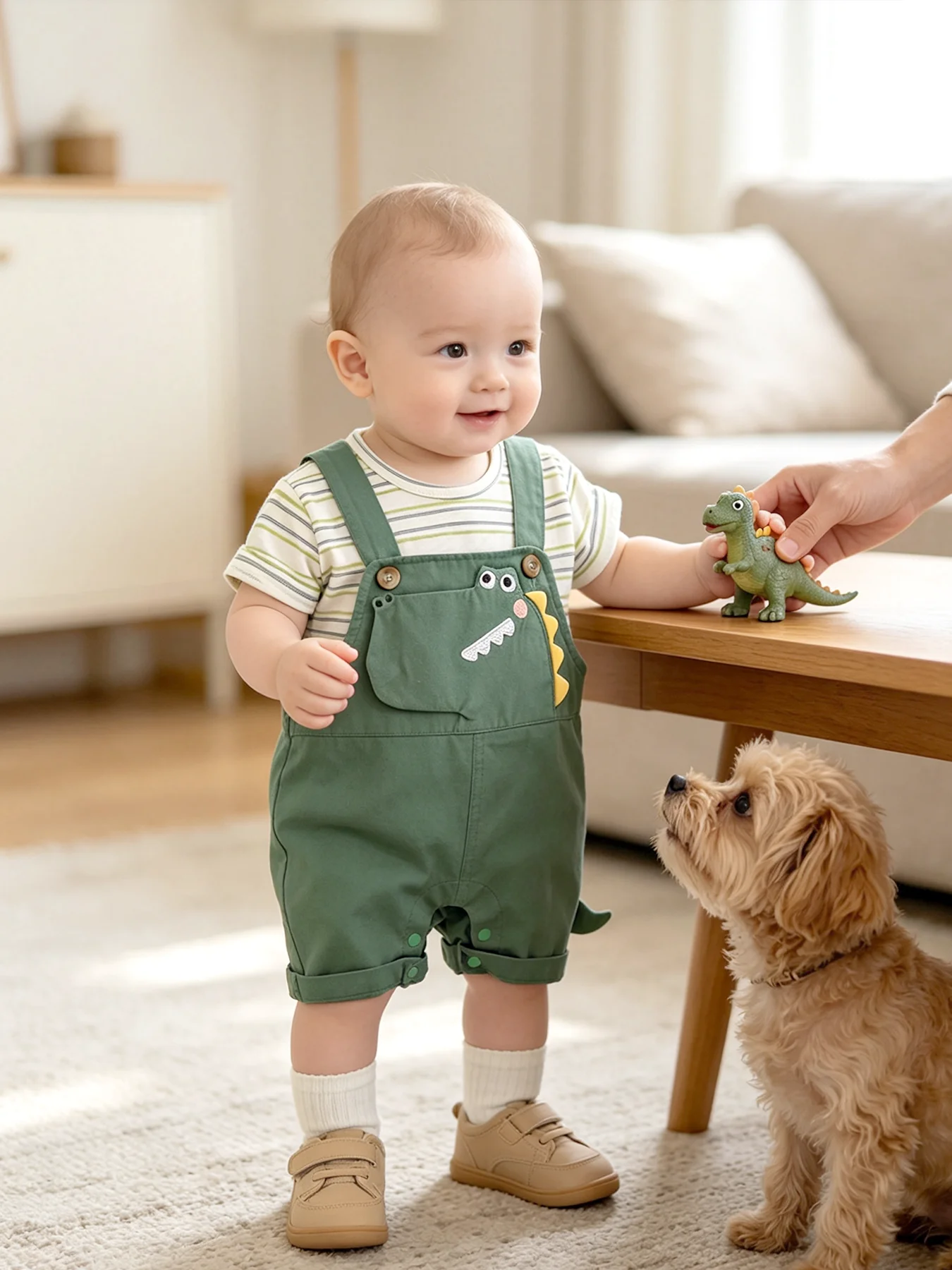 TtkaaBaby Boys' 3D Dinosaur Embroidered Short-Sleeve Overalls Two-Piece Set—Boys' Cartoon Korean Style—Baby Birthday Gift