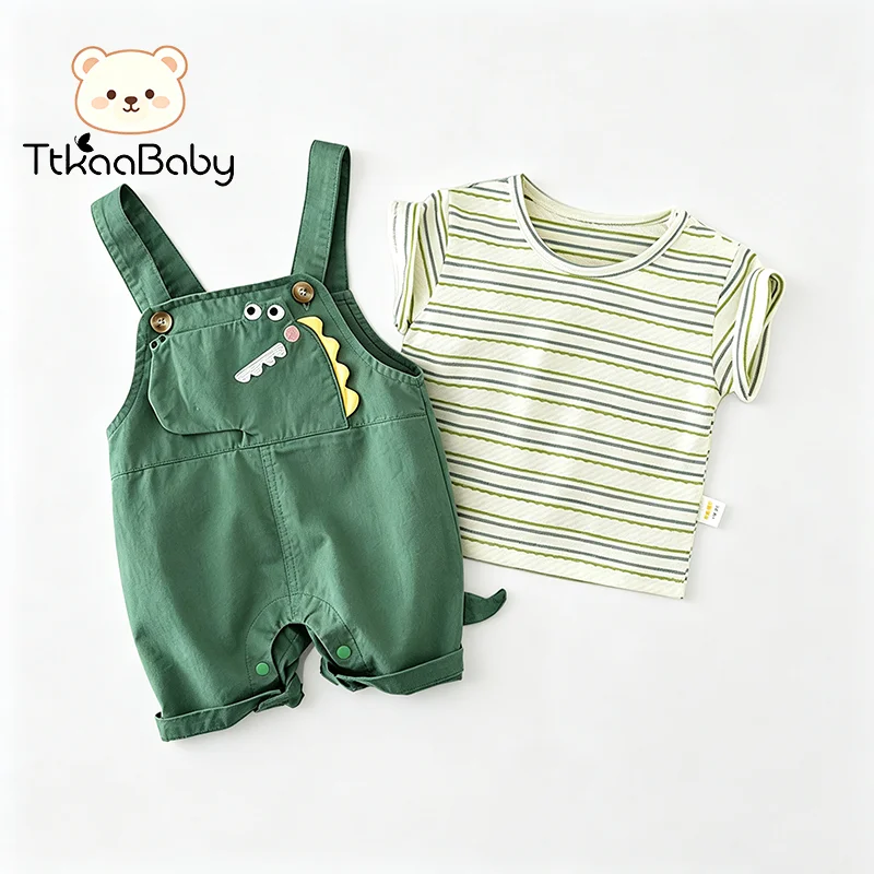 TtkaaBaby Boys' 3D Dinosaur Embroidered Short-Sleeve Overalls Two-Piece Set—Boys' Cartoon Korean Style—Baby Birthday Gift