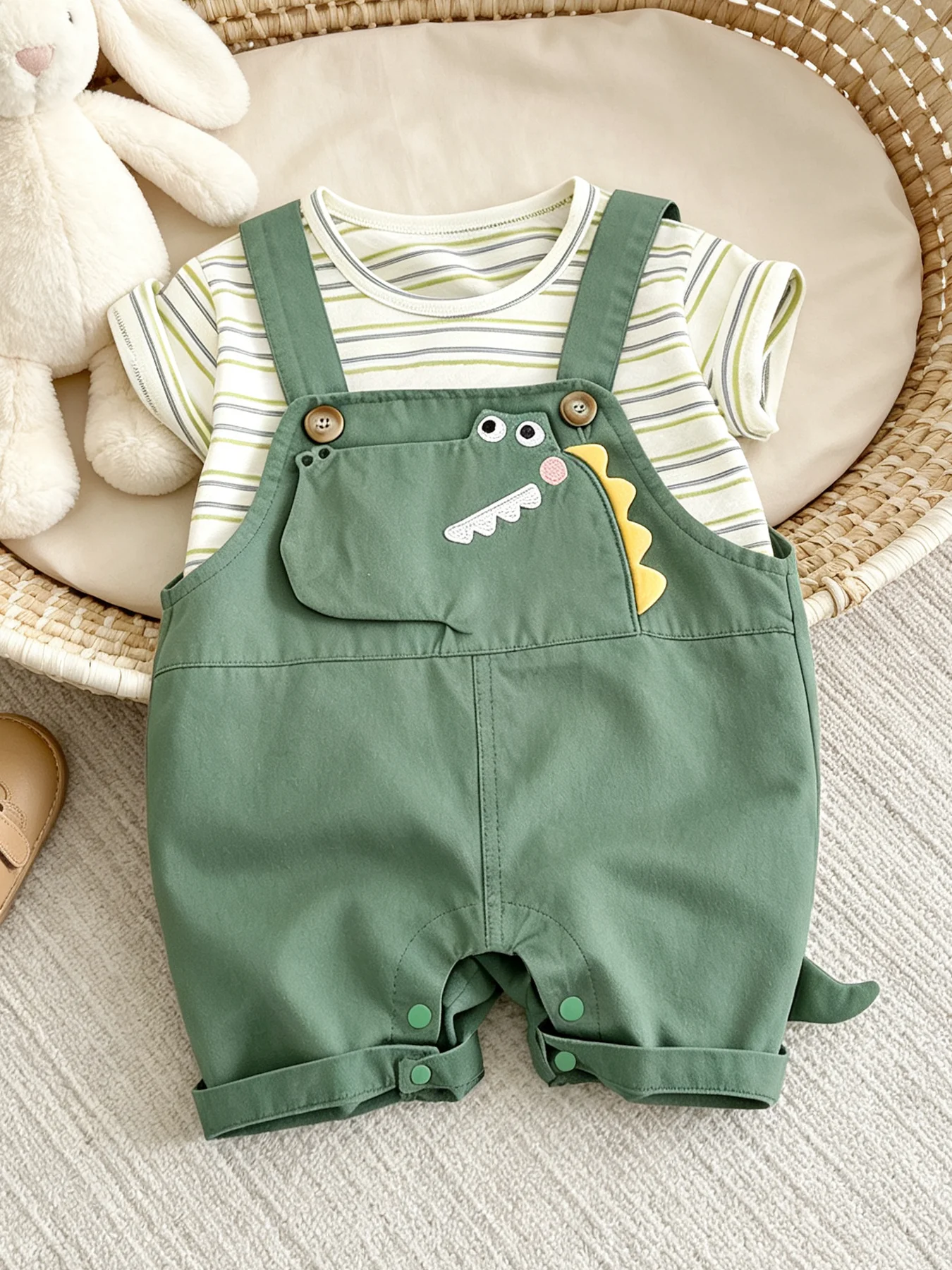 TtkaaBaby Boys' 3D Dinosaur Embroidered Short-Sleeve Overalls Two-Piece Set—Boys' Cartoon Korean Style—Baby Birthday Gift
