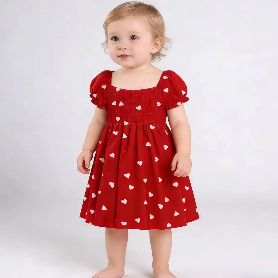 Girls Heart Print Puff Sleeve Dress – Summer Bow Princess Dress for Kids Ages 2-8, Cute Toddler Party & Daily Wear