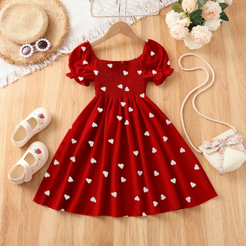 Girls Heart Print Puff Sleeve Dress – Summer Bow Princess Dress for Kids Ages 2-8, Cute Toddler Party & Daily Wear