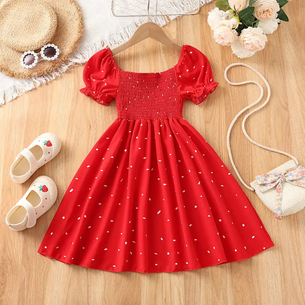 Girls Heart Print Puff Sleeve Dress – Summer Bow Princess Dress for Kids Ages 2-8, Cute Toddler Party & Daily Wear