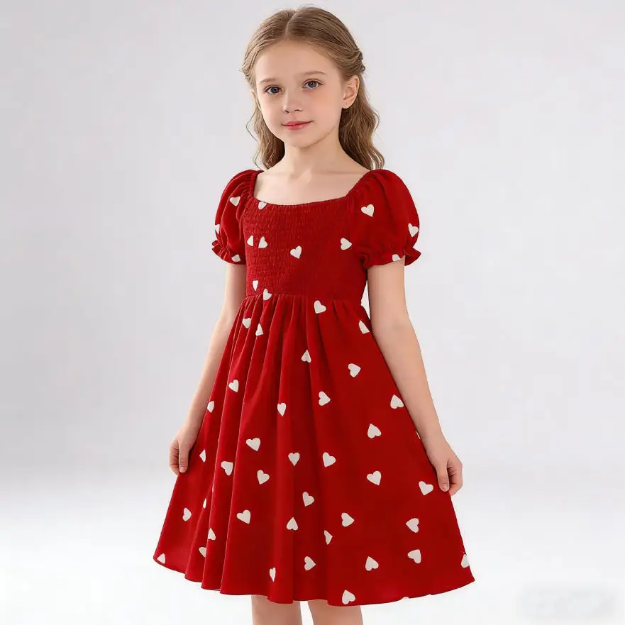 Girls Heart Print Puff Sleeve Dress – Summer Bow Princess Dress for Kids Ages 2-8, Cute Toddler Party & Daily Wear