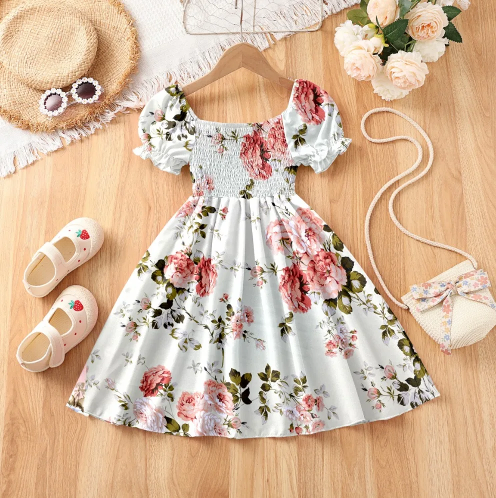 Girls Heart Print Puff Sleeve Dress – Summer Bow Princess Dress for Kids Ages 2-8, Cute Toddler Party & Daily Wear