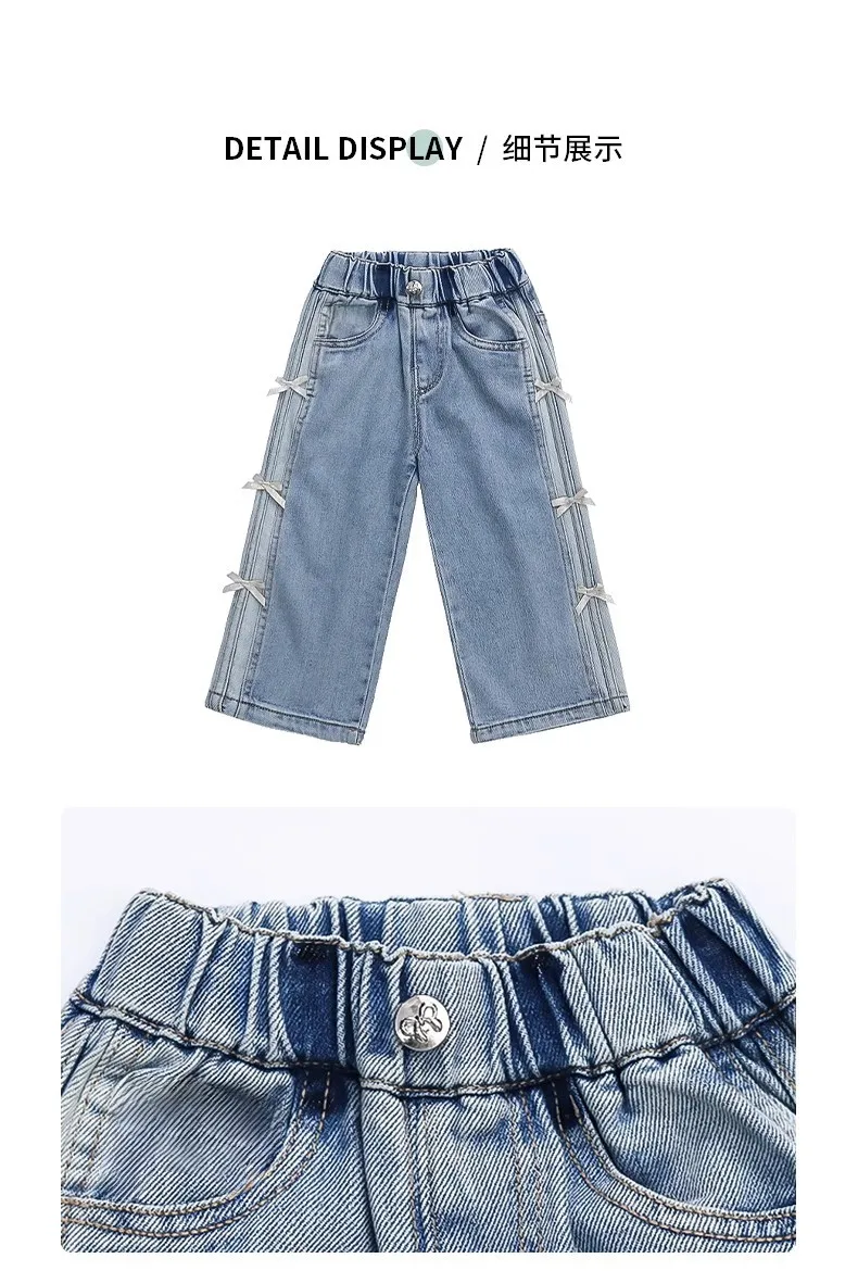 Baby Girls Spring Jeans Kids Summer Bow Denim Pants Children's Straight Wide-leg Trousers Toddler Autumn Loose Clothing 2-8Y