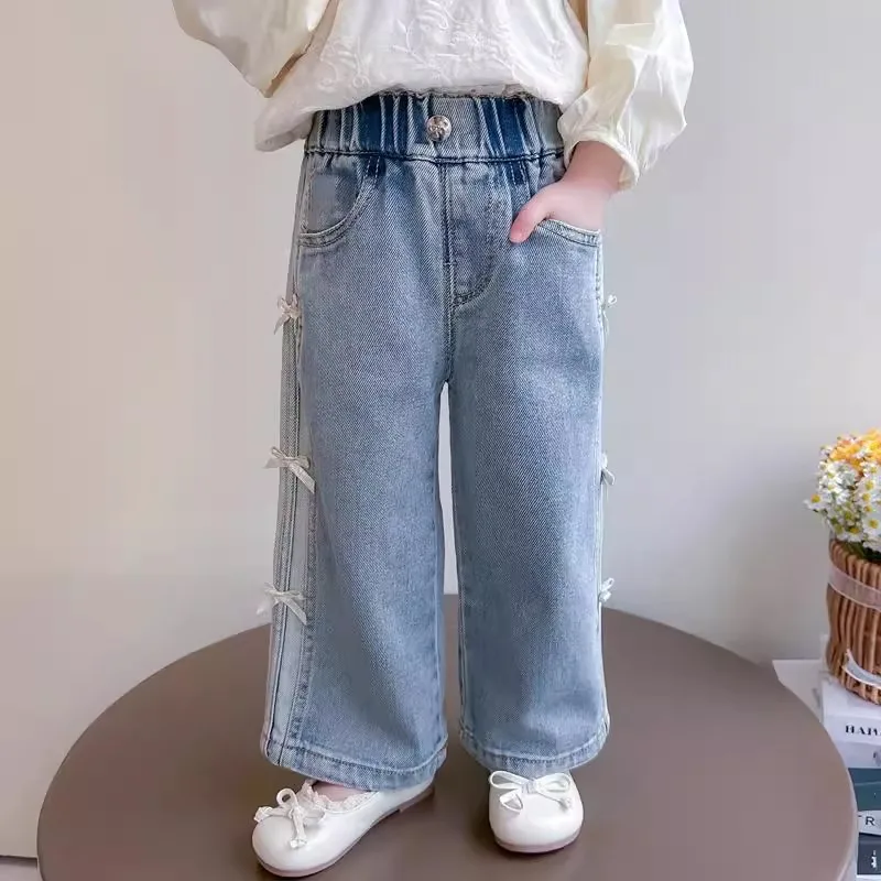 Baby Girls Spring Jeans Kids Summer Bow Denim Pants Children's Straight Wide-leg Trousers Toddler Autumn Loose Clothing 2-8Y