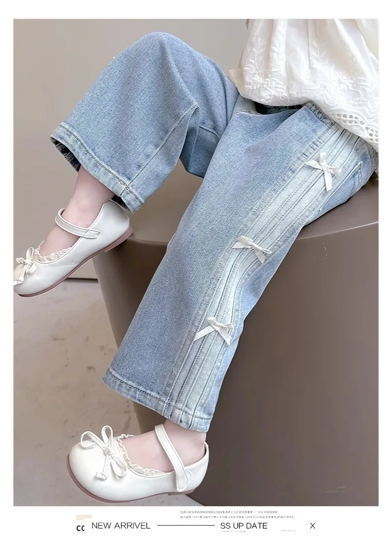 Baby Girls Spring Jeans Kids Summer Bow Denim Pants Children's Straight Wide-leg Trousers Toddler Autumn Loose Clothing 2-8Y