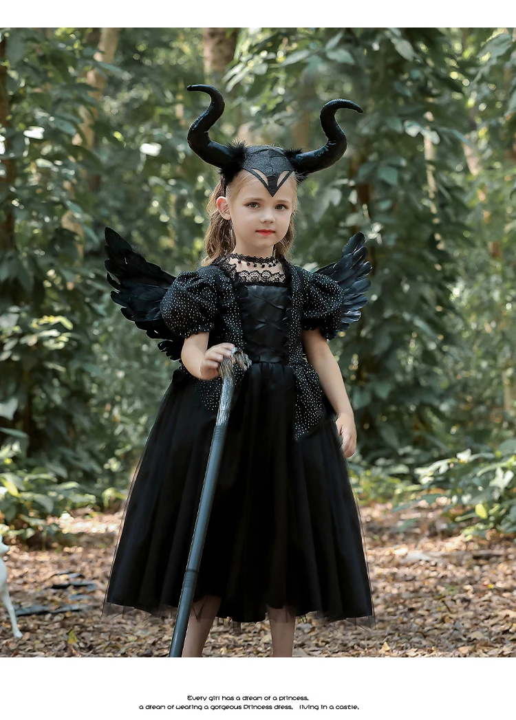 Kids Maleficent Costume Set Girls Evil Queen Outfit Deluxe Black Tulle Dress with Accessories for Carnival Party Role Play