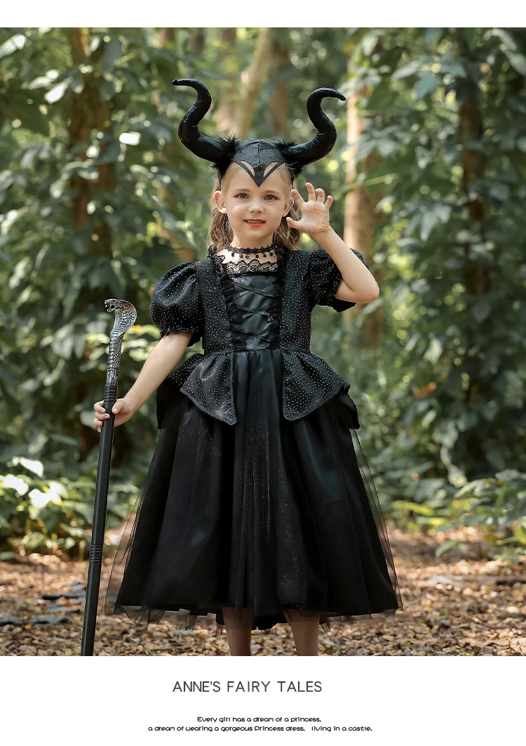 Kids Maleficent Costume Set Girls Evil Queen Outfit Deluxe Black Tulle Dress with Accessories for Carnival Party Role Play