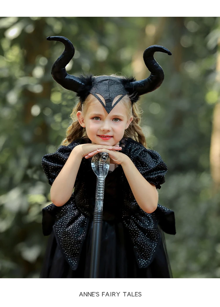 Kids Maleficent Costume Set Girls Evil Queen Outfit Deluxe Black Tulle Dress with Accessories for Carnival Party Role Play