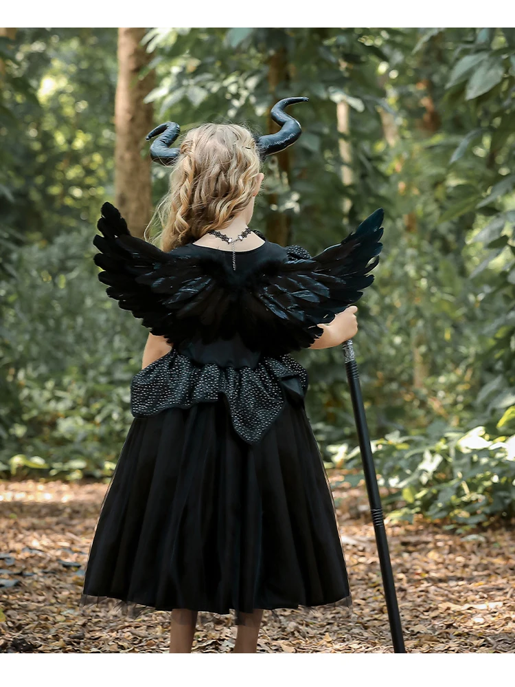Kids Maleficent Costume Set Girls Evil Queen Outfit Deluxe Black Tulle Dress with Accessories for Carnival Party Role Play
