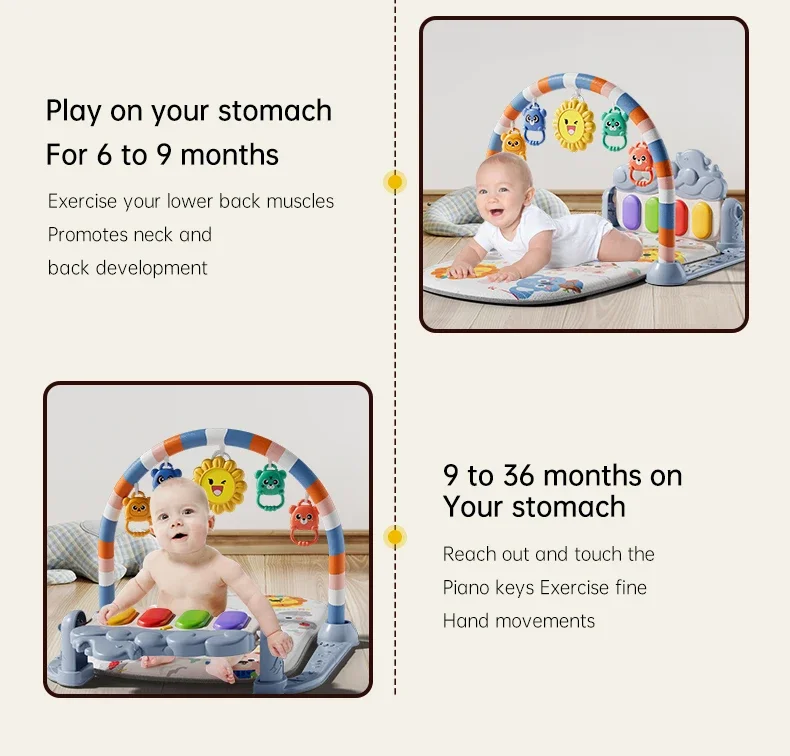Baby Activity Play Mat with Music & Lights, 5 Detachable Sensory Toys Kick Piano Mat, Tummy Time Game Playmat