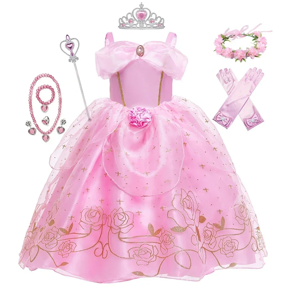 Kid Princess Pink Dress Girl Summer Fancy Party Clothes Children Sleeping Beauty Flower Dresses Christmas Carnival Costume Cloth
