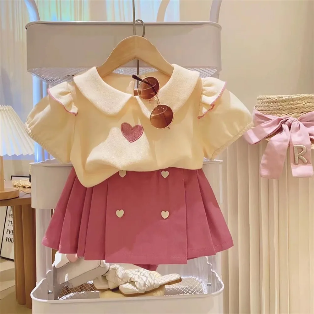 Fashion Girls Clothing Set Summer New Heart Embroidery Print Doll Collar T-shirt+Short Pants 2Pcs Suit For 3 4 5 6 8 Years Kids