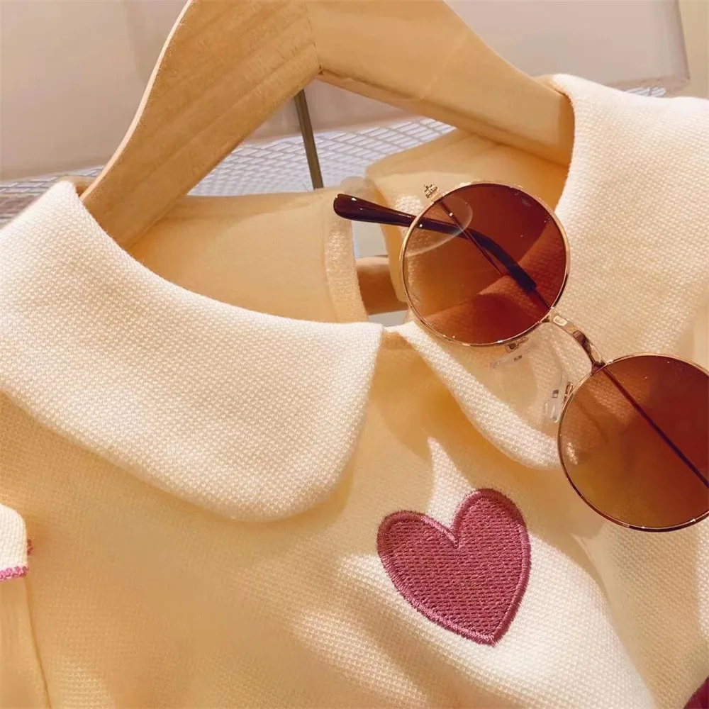 Fashion Girls Clothing Set Summer New Heart Embroidery Print Doll Collar T-shirt+Short Pants 2Pcs Suit For 3 4 5 6 8 Years Kids