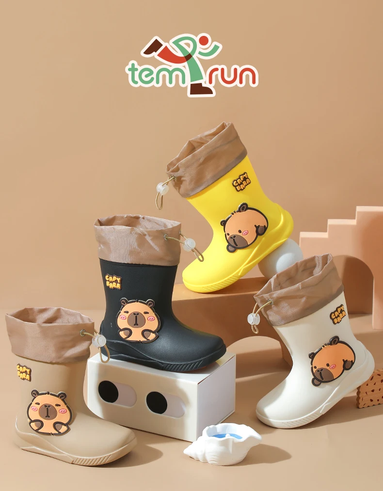 One Pair of Toddler Mid-Calf Rain Boots for Boy and Girl Comfortable Soft Sole Capybara Rubber Water Shoes Elastic Band