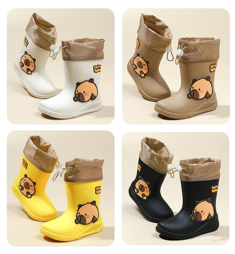One Pair of Toddler Mid-Calf Rain Boots for Boy and Girl Comfortable Soft Sole Capybara Rubber Water Shoes Elastic Band