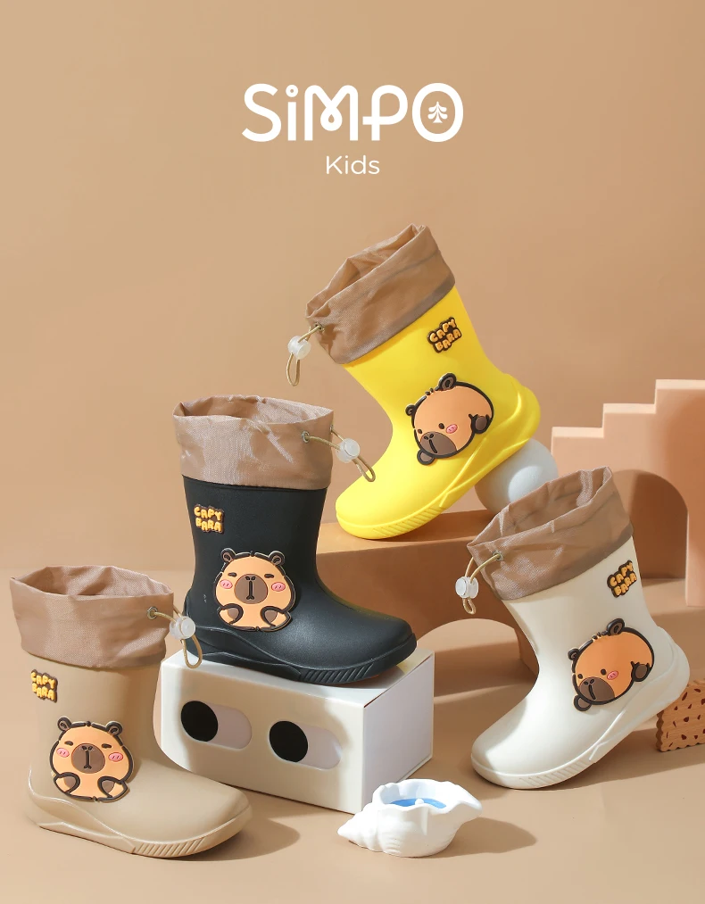 One Pair of Toddler Mid-Calf Rain Boots for Boy and Girl Comfortable Soft Sole Capybara Rubber Water Shoes Elastic Band