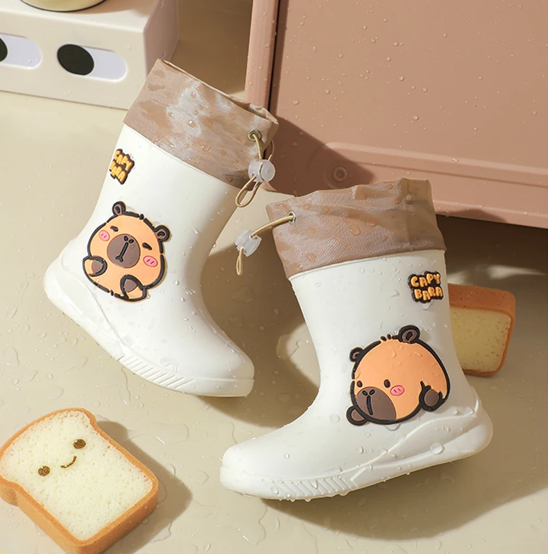 One Pair of Toddler Mid-Calf Rain Boots for Boy and Girl Comfortable Soft Sole Capybara Rubber Water Shoes Elastic Band