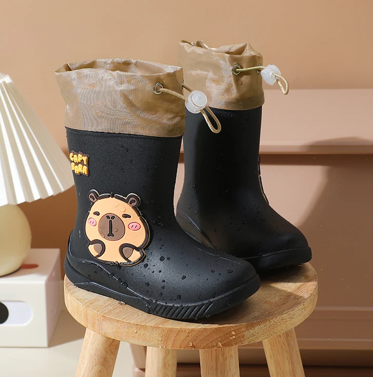 One Pair of Toddler Mid-Calf Rain Boots for Boy and Girl Comfortable Soft Sole Capybara Rubber Water Shoes Elastic Band