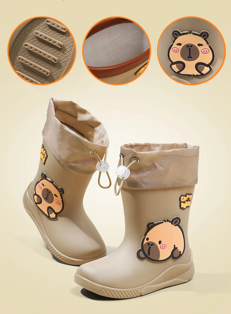 One Pair of Toddler Mid-Calf Rain Boots for Boy and Girl Comfortable Soft Sole Capybara Rubber Water Shoes Elastic Band