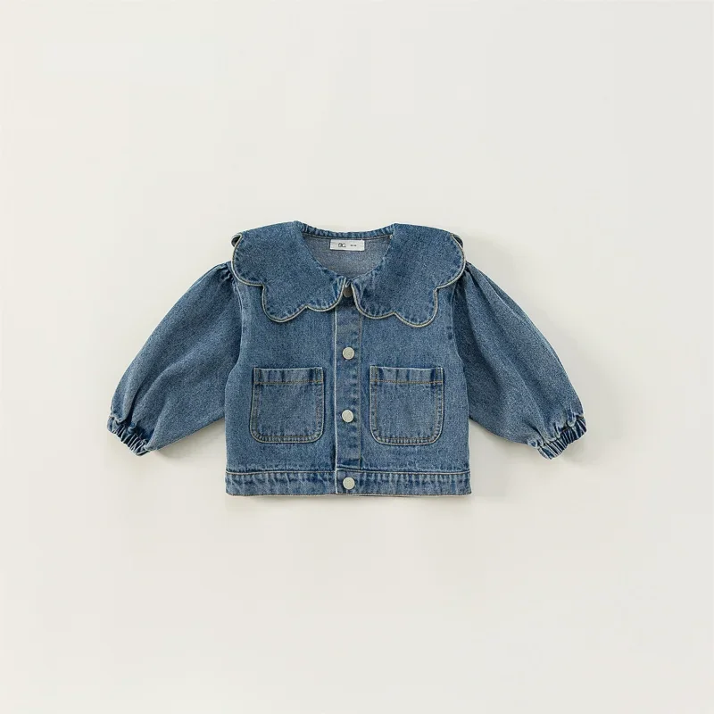 Korean Style Spring Autumn Kids Girl Denim Coat Ruffle Collar Long Sleeve Outerwear Children Fashion Versatile Clothes E82075