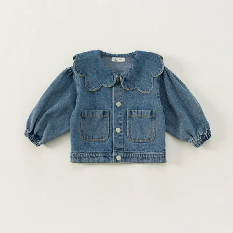 Korean Style Spring Autumn Kids Girl Denim Coat Ruffle Collar Long Sleeve Outerwear Children Fashion Versatile Clothes E82075