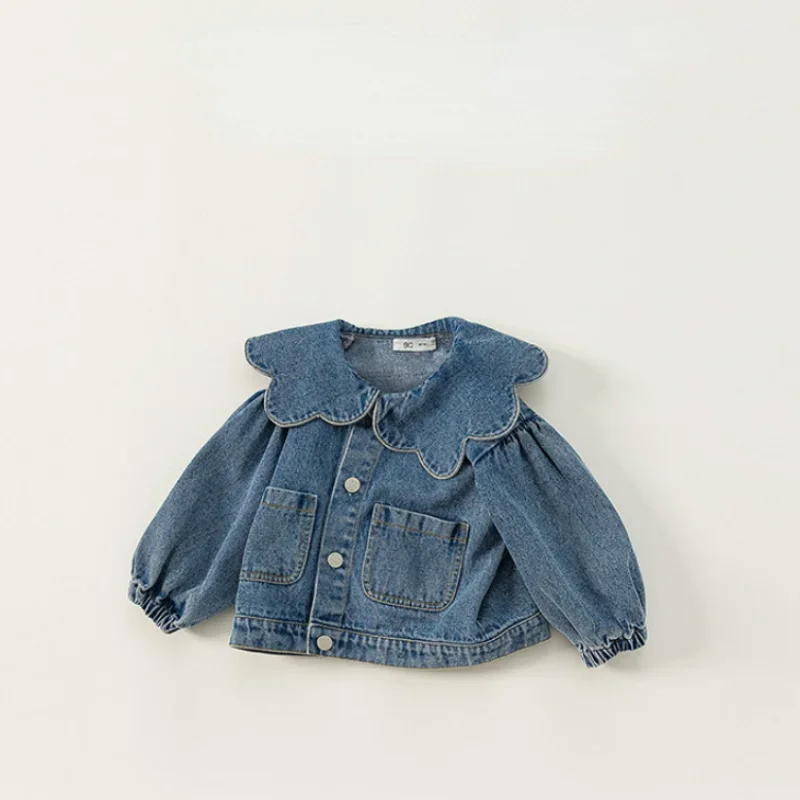 Korean Style Spring Autumn Kids Girl Denim Coat Ruffle Collar Long Sleeve Outerwear Children Fashion Versatile Clothes E82075