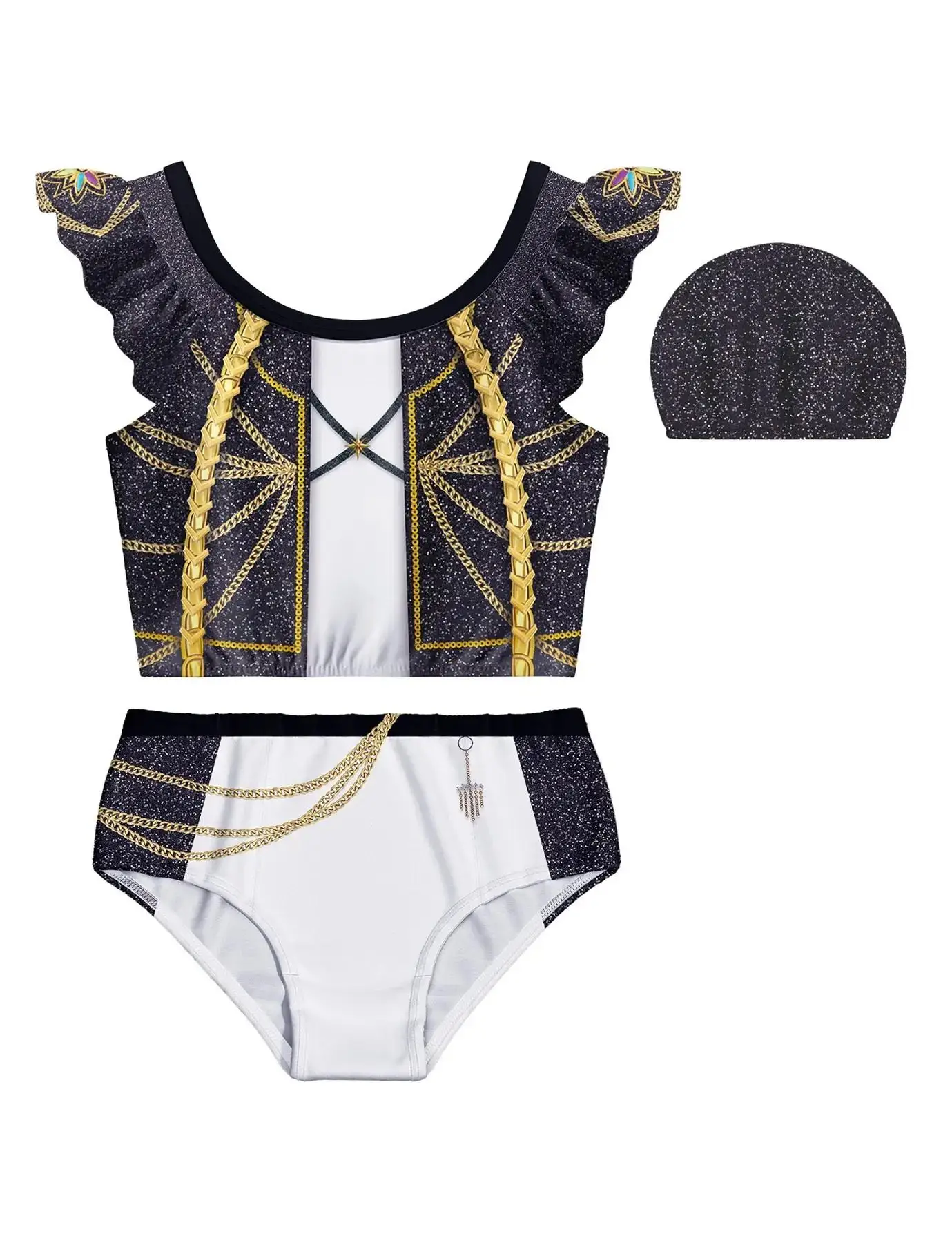 Girls' Swimsuit Set with Cartoon Print, Summer Beach Vacation Swimwear, Cute Ruffled Children's Swimsuit + Pants + Swimming Cap Three-Piece Set Suitable for Girls Aged 4-12