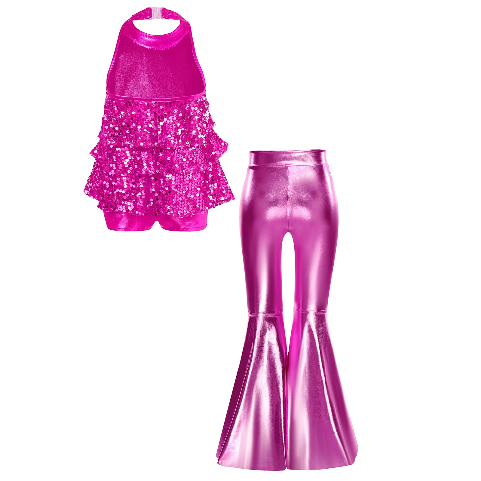 Kids Girls Shiny Jazz Dance Costume Halter Sequin Bodysuit Dress Metallic Flared Pants 70s Disco Latin Performance Dancewear