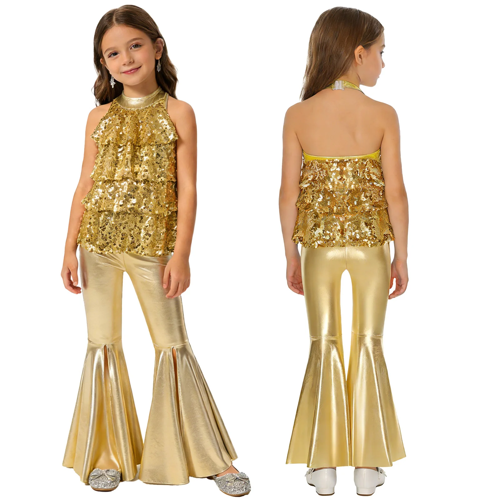 Kids Girls Shiny Jazz Dance Costume Halter Sequin Bodysuit Dress Metallic Flared Pants 70s Disco Latin Performance Dancewear