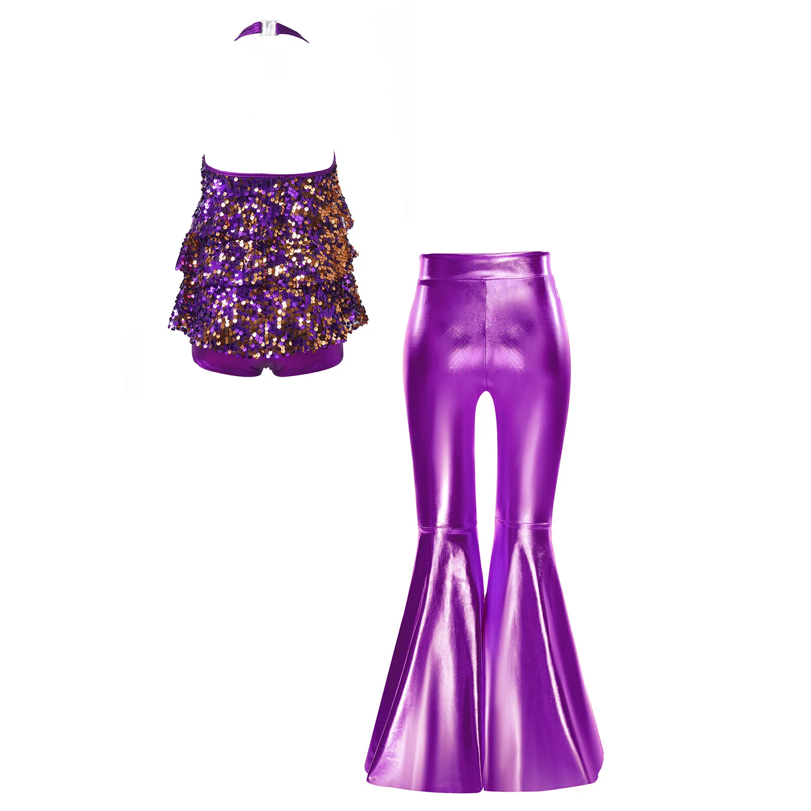 Kids Girls Shiny Jazz Dance Costume Halter Sequin Bodysuit Dress Metallic Flared Pants 70s Disco Latin Performance Dancewear