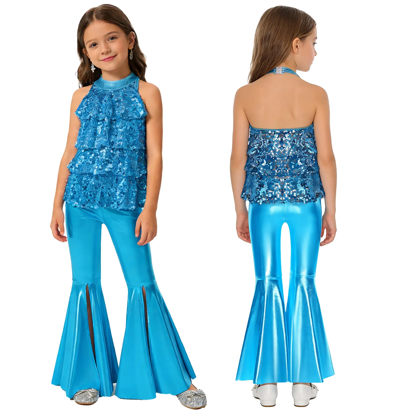 Kids Girls Shiny Jazz Dance Costume Halter Sequin Bodysuit Dress Metallic Flared Pants 70s Disco Latin Performance Dancewear