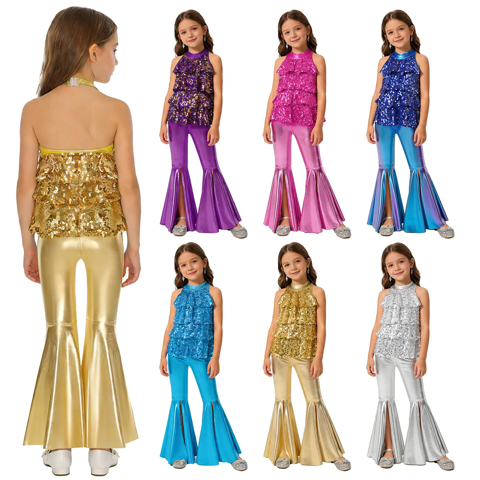 Kids Girls Shiny Jazz Dance Costume Halter Sequin Bodysuit Dress Metallic Flared Pants 70s Disco Latin Performance Dancewear