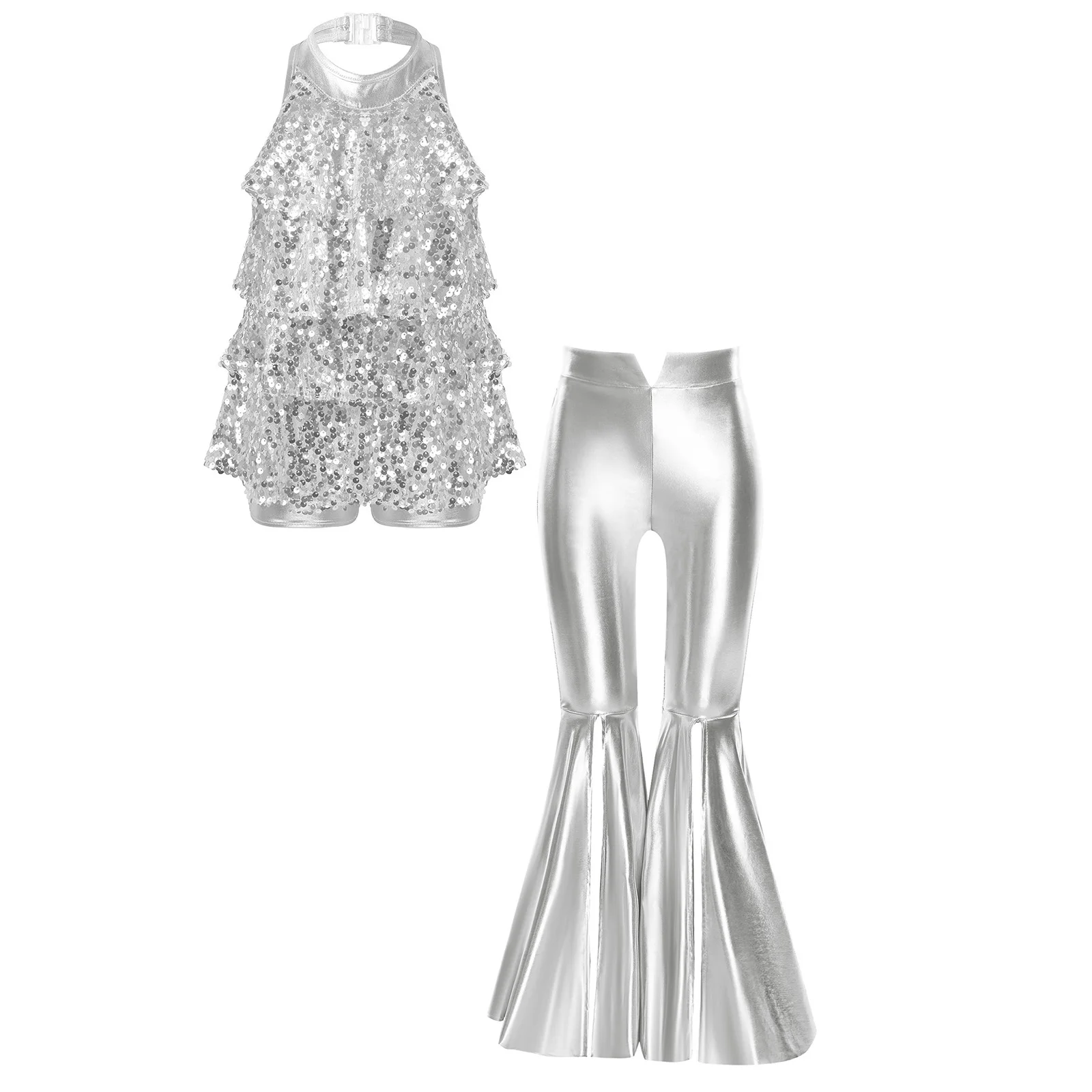Kids Girls Shiny Jazz Dance Costume Halter Sequin Bodysuit Dress Metallic Flared Pants 70s Disco Latin Performance Dancewear